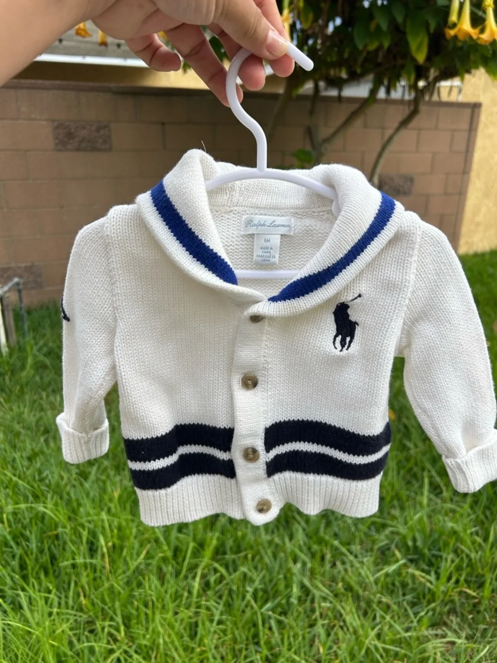 Ralph Lauren Cream Baby Shawl Cardigan with Navy Stripes flaws